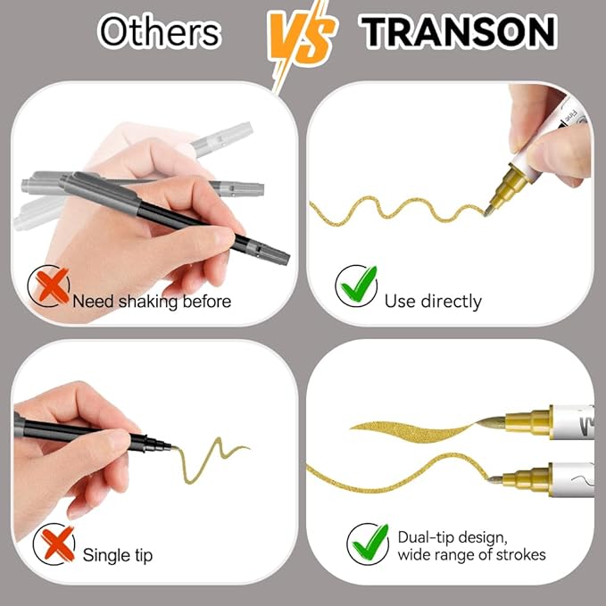 TRANSON 3 Gold, 3 Silver, 1 Black and 1 White Paint Markers Brush and Fine Dual-tip Acrylic Paint Marker Set for Rock Painting Glass Canvas Wood Leather Ceramic Painting
