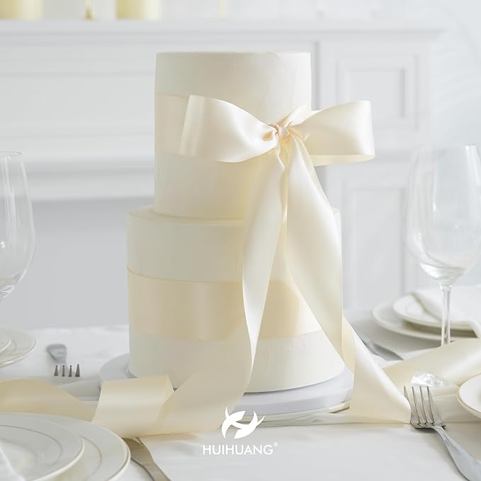 HUIHUANG Ivory Satin Ribbon 2 inch Wide Double Faced Satin Ribbon Beige Ribbon for Gift Wrapping, Bows Making, Flower Bouquet, DIY Crafts, Bridal Shower, Holiday Party Decor -25 Yards/Roll