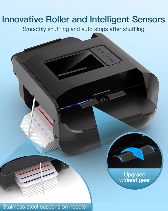 Automatic Card Shuffler, Rechargeable Cards Shuffler Machine with AUTO & Manual Mode, 1-2 Decks Low Noise Electric Shuffling Machine for Poker, UNO, Texas, Blackjack, Skip-Bo, Bridge, Phase 10
