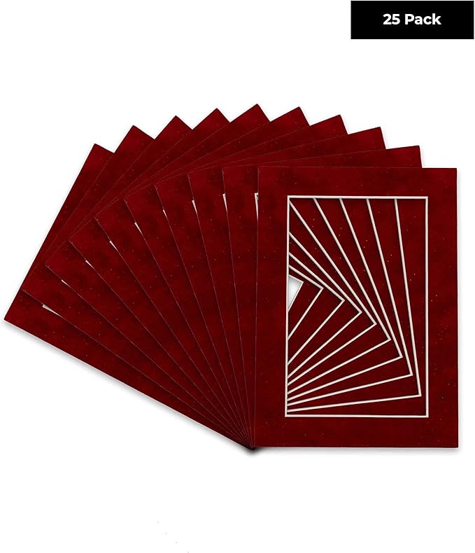 Pack of 25 Acid Free 11x14 Mats Bevel Cut for 8.5x11 Photos - Bright Red Suede Precut Matboards For Pictures, Photos, Framing - 4-ply Thickness