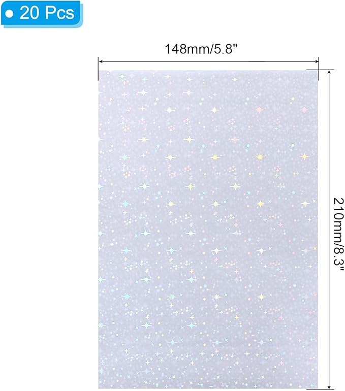 PATIKIL 8.3x5.8" Holographic Sticker Paper, 20Sheets A5 Polypropylene Self-Adhesive Transparent Waterproof Laminate Overlay Film for Photo Cards Scrapbook Decorations, Starlight