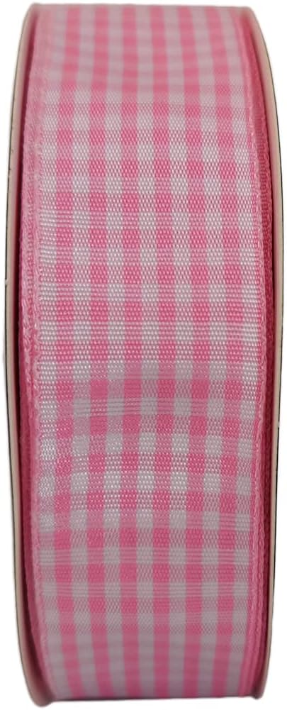 Pink and White Gingham Ribbon - 25 Yards Each Roll - 100% Polyester (1", Pink)
