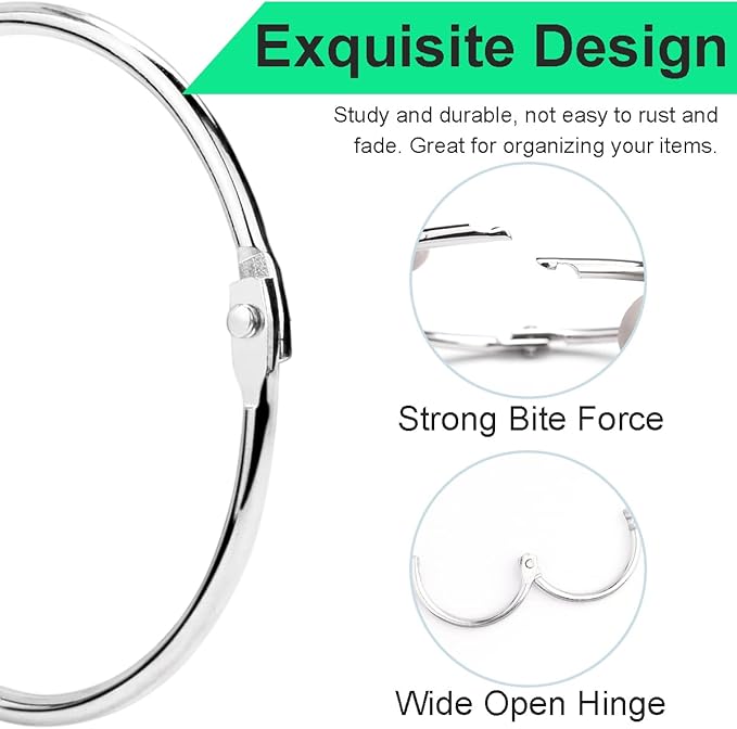 CooBigo Loose Leaf Binder Rings 1 Inch Metal Book Ring Clip for Index Card, Flashcard, Shower Curtain, DMC Embroidery Floss Organizer, Key Chain - Silver(50 Pack)