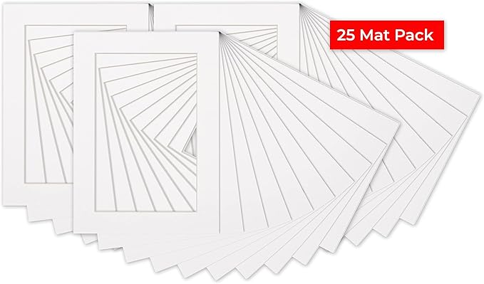 Pack of 25 Acid Free 8x10 Mats Bevel Cut for 5.5x8.5 Photos - White Precut Matboards With Backing Boards and Clear Photo Mat Bags For Pictures, Photos, Framing - 4-ply Thickness