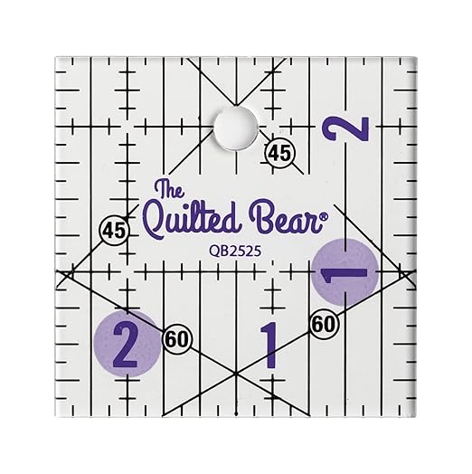 The Quilted Bear Quilting Rulers - Transparent Acrylic Non Slip Quilting, Patchwork & Sewing Ruler with Clear Black Lines & 30, 45 & 60 Degree Angles for Perfect Accuracy & Precision (2.5" x 2.5")