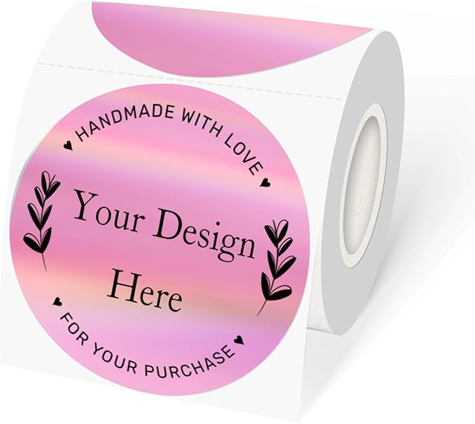 3" Circle Holographic Thermal Label Stickers Pink, Round Printable Rainbow Thermal Sticker for Gift Wrapping, Self-Adhesive/Perforation Line Design