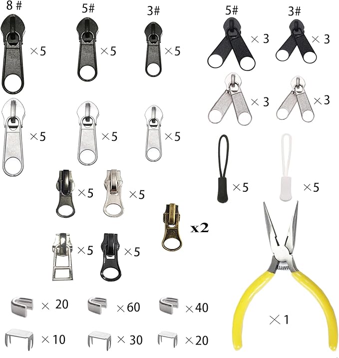 JOSDIOX 255-Piece Zipper Repair Kit – Replacement Sliders (#3, #5, #8), Install Pliers Tool, and Zip Extension Pulls for Jackets, Luggage, Backpacks, Tents, and Sleeping Bags