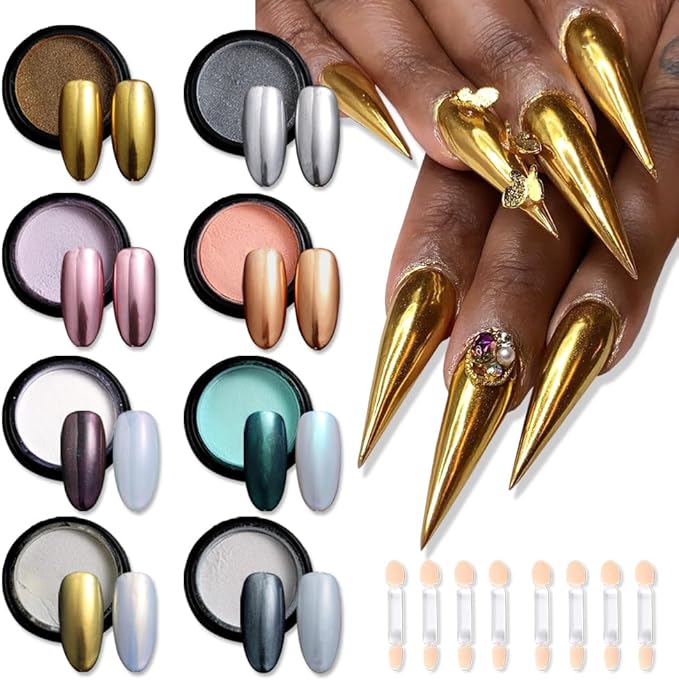 8 Jars Chrome Nail Powder Magic White Pearl Kit, Metallic Mirror Effect Holographic Glitter Iridescent Aurora Mermaid Pearl Pigment Dust Kit for Gel Polish Nail Art Decoration, Resin Craft