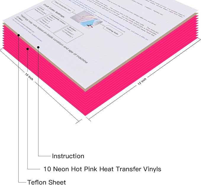JANDJPACKAGING Neon Pink HTV Heat Transfer Vinyl - 10 Pack HTV Vinyl Compatible with Cricut Cutting Machine, Silhouette Cameo, Bonus PTFE for Heat Press Machine