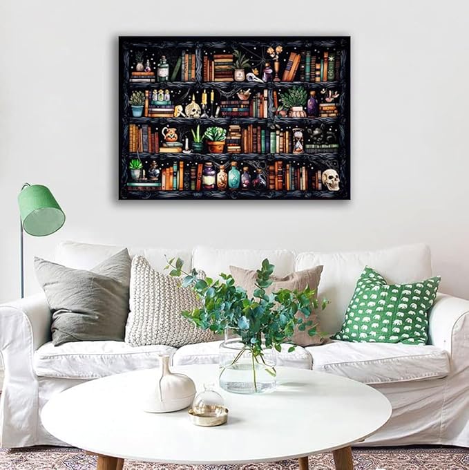Bookshelf Stamped Cross Stitch Kits - Magical Book Counted Cross Stitch Kits for Beginners Adults Skull Needlepoint Cross-Stitch Patterns Dimensions Needlecrafts Embroidery Kits Arts and Crafts