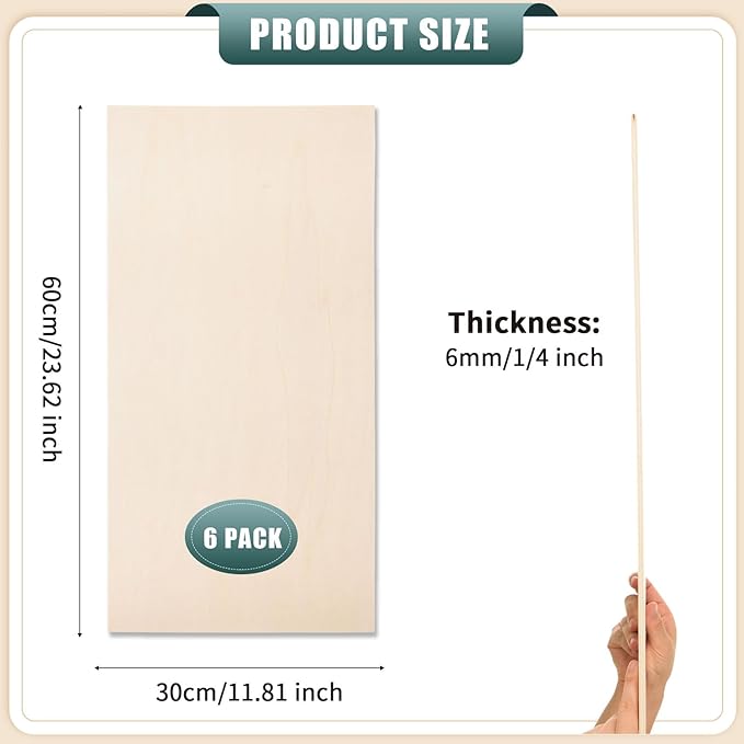 6 Pack 12 x 24 x 1/4 Inch-6mm Thick Basswood Sheets for Crafts Unfinished Plywood Sheets Rectangular Wood Panel Boards for DIY Laser Project, Wood Burning, Engraving, Architectural Models, Staining