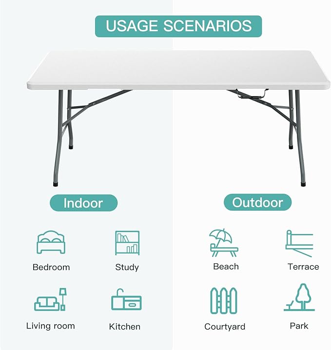 Generic 6 ft Folding Table, Portable Heavy Duty HDPE Fold-in Table, Lightweight Folding Table, Foldable Plastic Card Table for Party, Dining, Barbecue, Board Game with Carrying Handle - White