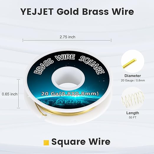 Bulk Square Brass Wire 0.8mm 50 Feet - 20 Gauge Craft Wire for Jewelers, Metal Art, Workshops