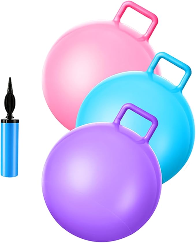 Lewtemi 3 Pcs 22 Inch Bouncing Ball with Handle, Outdoors Hopper Jumping Hopping Ball and Air Pump for Sports Exercise (Light Pink, Light Blue, Purple)