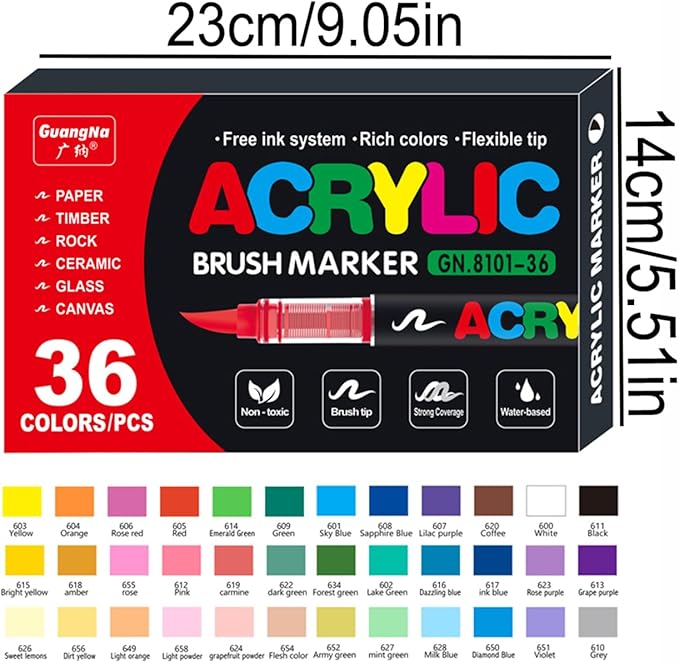 Acrylic Paint Markers Pens, 36 Vivid Colors Acrylic Markers Set,Direct Liquid Type, Stackable Color, Odorless Soft Head，Markers for School，Tooli Art ，Fabric & Creative Crafts (36)