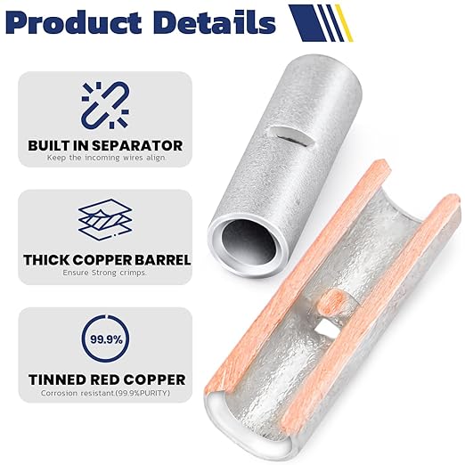 Haisstronica Non Insulated Butt Connectors Kit 420pcs Butt Connectors for Wiring Pure Copper AWG24-8 Wire Crimp Connector