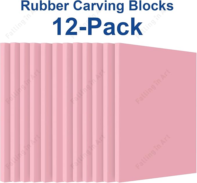 Falling in Art 4 x 6" Pink Rubber Carving Blocks, 12 Pack Soft Linoleum Blocks for Printmaking, Stamp Making, and DIY Crafting, 4/17" Thick