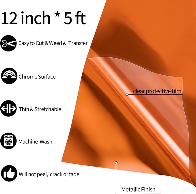 VINYL FROG Metallic Foil HTV Vinyl Roll 12" x5ft Orange Chrome Heat Transfer Vinyl Iron on Vinyl Easy to Cut & Weed DIY Heat Press Design for T-Shirts