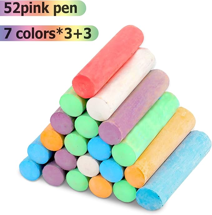 J-hong Washable Sidewalk Chalk Set- 52 Pieces 7 Colors Jumbo Chalk For Kid and Adult, Paint on Classroom Chalkboard or Outdoor Playground, Good Gift for Party