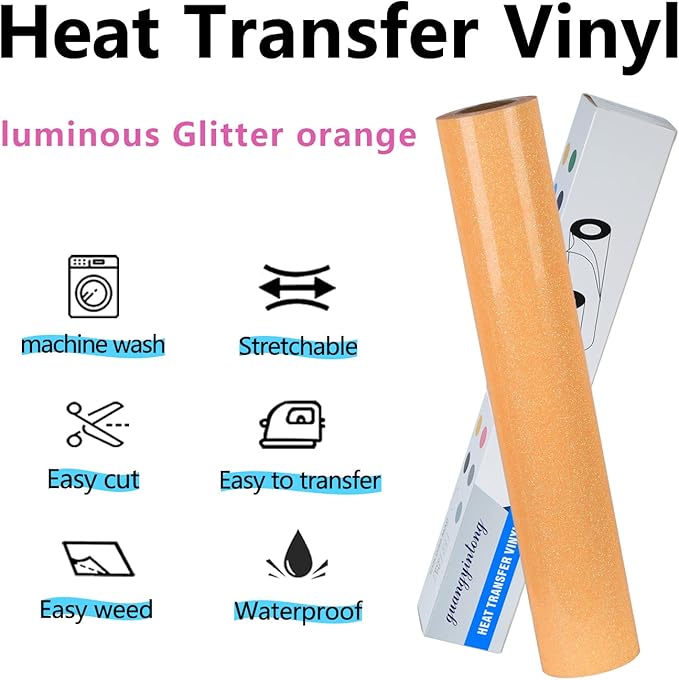 guangyintong Glow Glitter Orange Yellow Heat Transfer Vinyl HTV Rolls, 12" x 8ft Iron on Vinyl for T-Shirts, Glitter HTV Vinyl for All Cutter Machines Easy to Cut & Weed for DIY Design