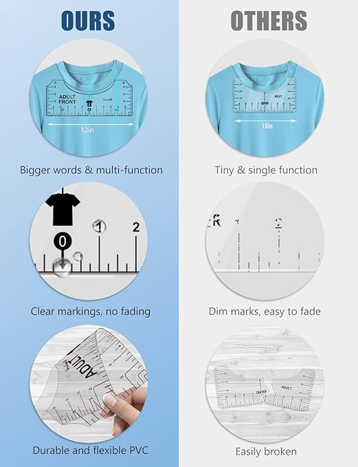 Vowlove Tshirt Ruler Guide Vinyl Alignment - T Shirt Measure Ruler Guide Shirt Measurement Centering Tool Heat Press Screen Printing Embroidery Accessories Sublimation Blanks Product V-Neck Front Back