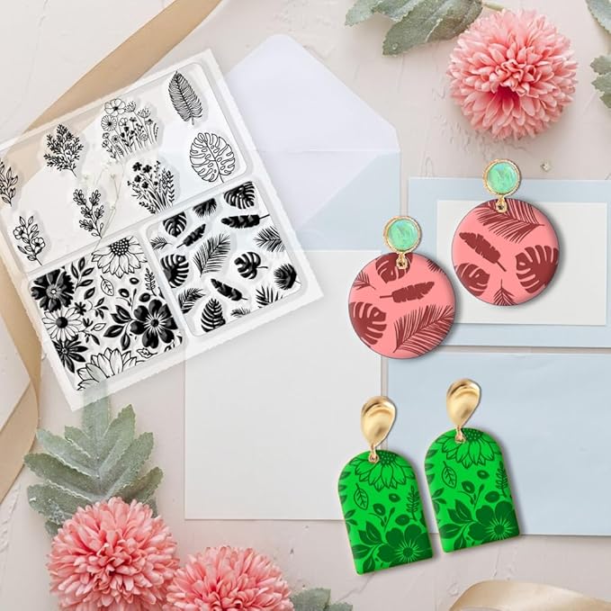 CHGCRAFT Polymer Clay Texture Sheets Leaves and Flowers Pattern Silicone Clay Texture Mat Botany Clear Silicone Molding Pattern Sheets for DIY Crafts Projects and Making Earrings Necklace Bracelet