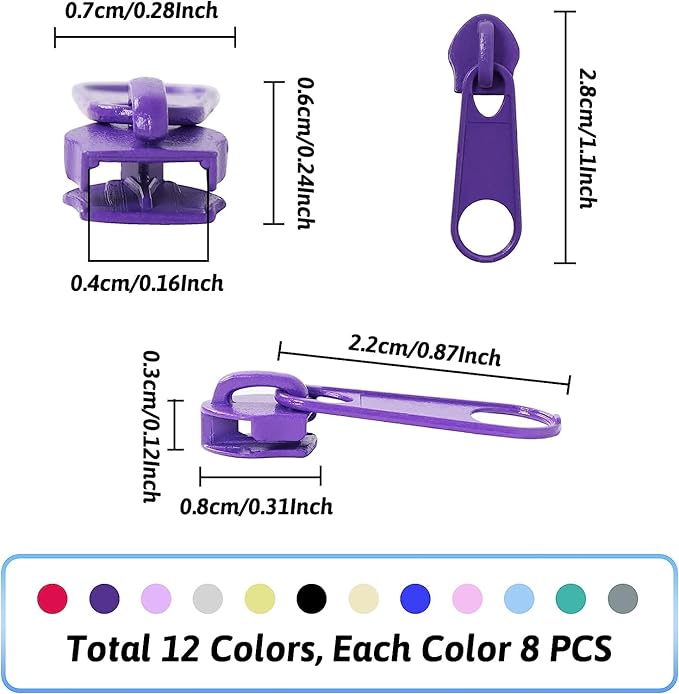 DOITEM 96Pcs Zipper Repair Kit - 3# Zipper Pull Rescue Kit (12 Colors) for Clothing Jackets, Purses, Luggage, Backpacks