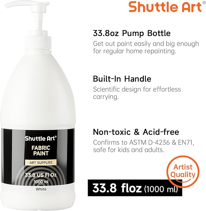 Shuttle Art White Fabric Paint, 33.8 oz(1000 ml) Large Bottle with Pump, Permanent Fabric Paint for Furniture, Sofa, Cushions, Clothes, Soft Non-Toxic Textile Paint for Color Changing, Renewal & Art Creations