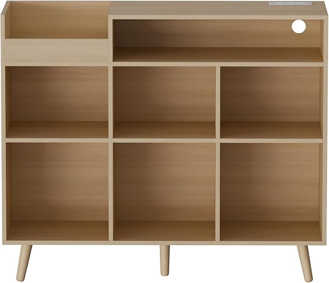 Cozy Castle Large Record Player Stand, Vinyl Storage Cabinet Mid Century Modern Turntable Stand Media Console Table Open Shelf Cube CD Album Holder Organizer for Living Room, Office, Oak