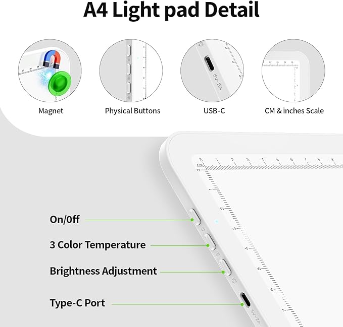 Zocelight Rechargeable A4 Tracing Light Box with Padded Case,Ultra Bright Led Light Pad with Physical Button,Wireless Light Board for Diamond Painting,Dimmable 9000LUX Lightbox for Tracing and Drawing