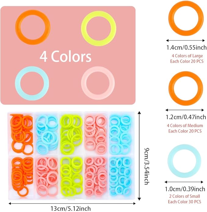 LUNARM 220 Pcs Knitting Stitch Marker, Random Colors O-Rings with Storage Box, Plastic Markers Rings(S/M/L) Crochet Locking Stitch for Knitting/Crochet