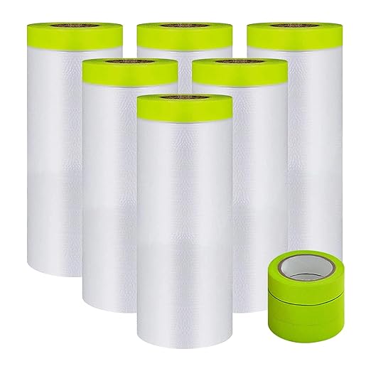 Pre-Taped Masking Film-55inx65ft Tape and Drape Painters Paper Rolls, Plastic Painting Film for Automotive Painting Covering （Masking Film:6rolls,Tape:3rolls）