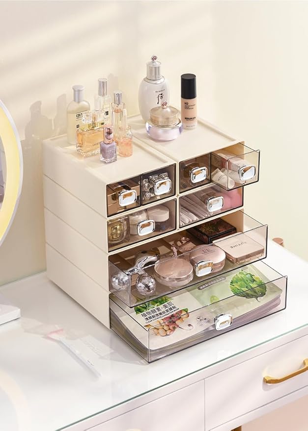 Makeup Organizer Sewing Craft Storage Box Hardware Craft Drawer Storage Cabinet Plastic Stacking Shelf Multifunctional Rack For Home Office Small Items (4, White)