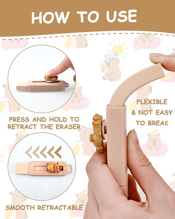 5 Pack Capybara Retractable Erasers, Cute Pencil Erasers for Kids, Students, Capybara Lovers, Large Push-Pull Rubber Eraser Set, School Office Home Stationery Supplies, Brown Colors