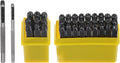 HARFINGTON 36pcs Metal Stamping Kit 1/8" (3mm) (A-Z, 0-8, "&" Symbol) Steel Letter Punch Press Tool with Hole Punch to Stamp on Metal, Plastic, Wood, Leather, Black