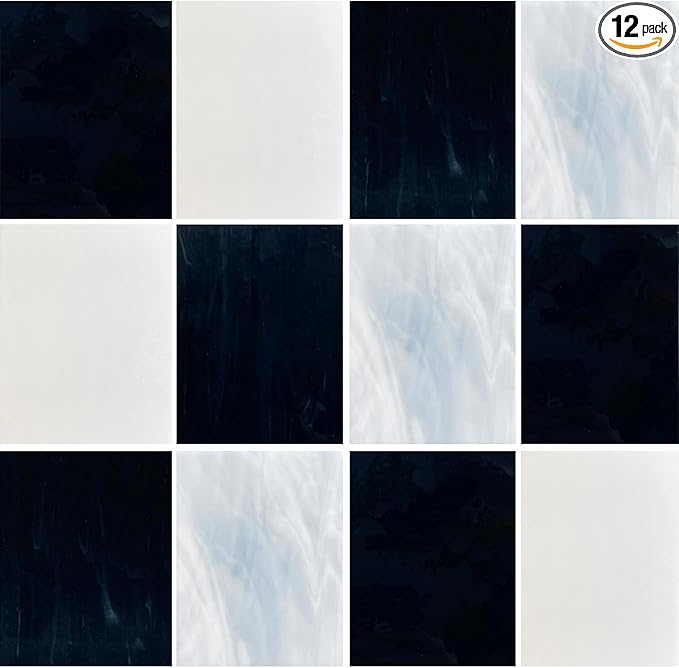 ILLUCKAI 12 Sheets White Black Stained Glass Variety Pack, 4 x 6 Inch Art Mosaic Tiles for Crafts, Supplies for Glass Hobbyists and Beginners