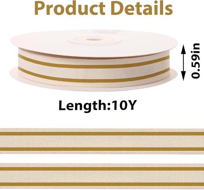 10 Yards × 3/5 Inch Golden Natural Cotton Ribbon, Double Sided Webbing Straps Ribbons, Birthday Wedding Valentines Ribbons for Crafting, DIY Sewing, Gift Wrapping