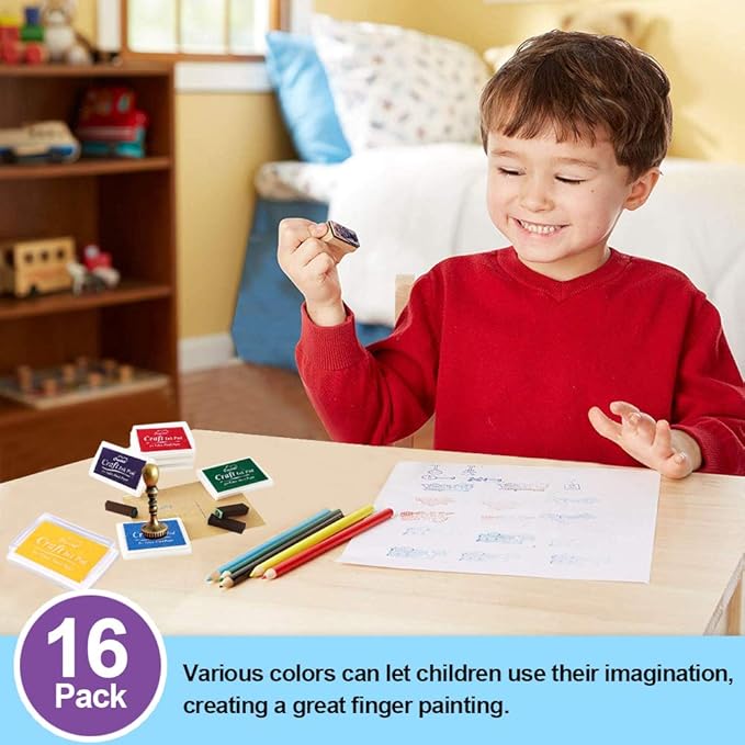 XoreArt Finger Ink Pads for Kids Washable Craft Ink Stamp Pads, 16 Color DIY for Rubber Stamps, Paper, Scrapbooking, Wood Fabric, Best Gift for Kids