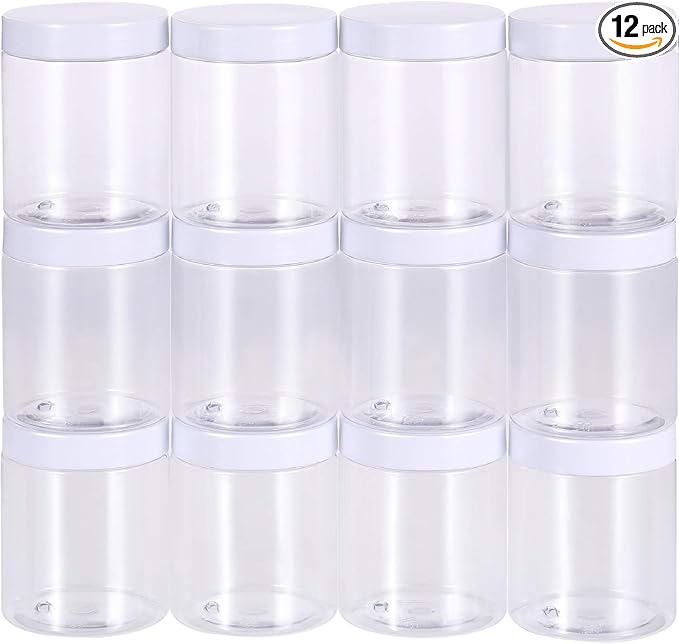 SATINIOR 12 Pack 10 oz Plastic Container Jars with Lids Round Clear Travel Cosmetic Container Jars for Toiletries, Lotion, Cream, Ointments, Makeup, Rhinestone, Samples, Kitchen Storage(White)