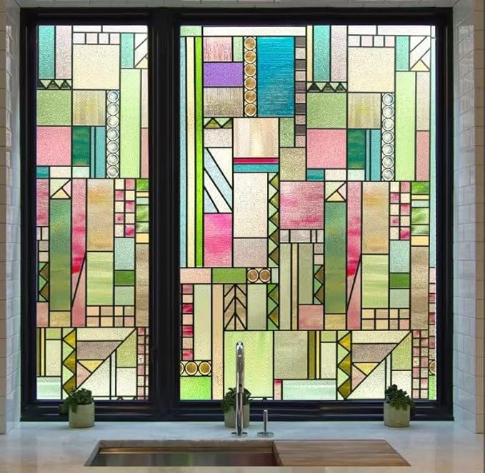 3D Stained Glass Window Privacy Film, Heat Control UV Blocking Static Cling Decorative Window Film for Bathroom,Front Door,Home Non Adhesive,Colorblock 23.6 x 35.4 inches