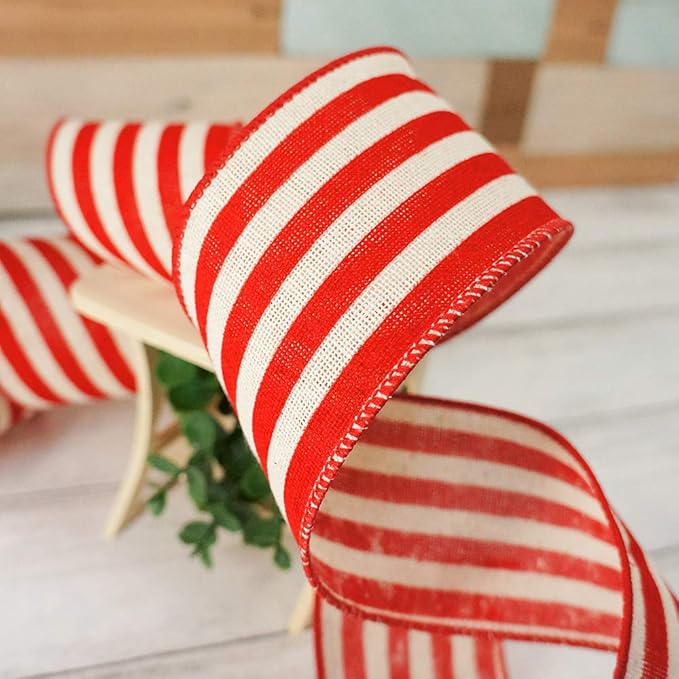 CT CRAFT LLC Striped Canvas Cotton Ribbon 2.5" x 10 Yards Ivory/Red Stripes for Thanksgiving Christmas Home Décor Gift Wrapping Outdoor Tree Topper Bow Wreath