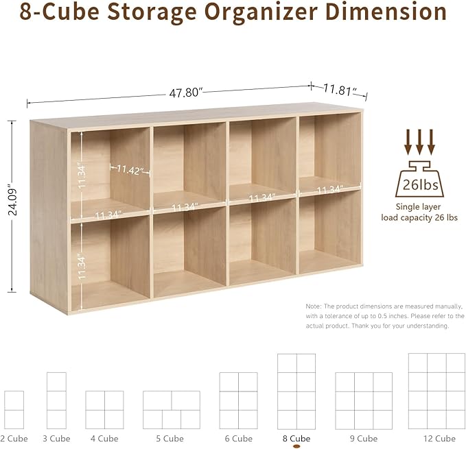Wooden 8-Cube Storage Organizer with Closed Back Panel, 11in Cube Shelf Opening, Bookshelf, Display Shelf,Closet Cabinet for Home and Office,White Oak
