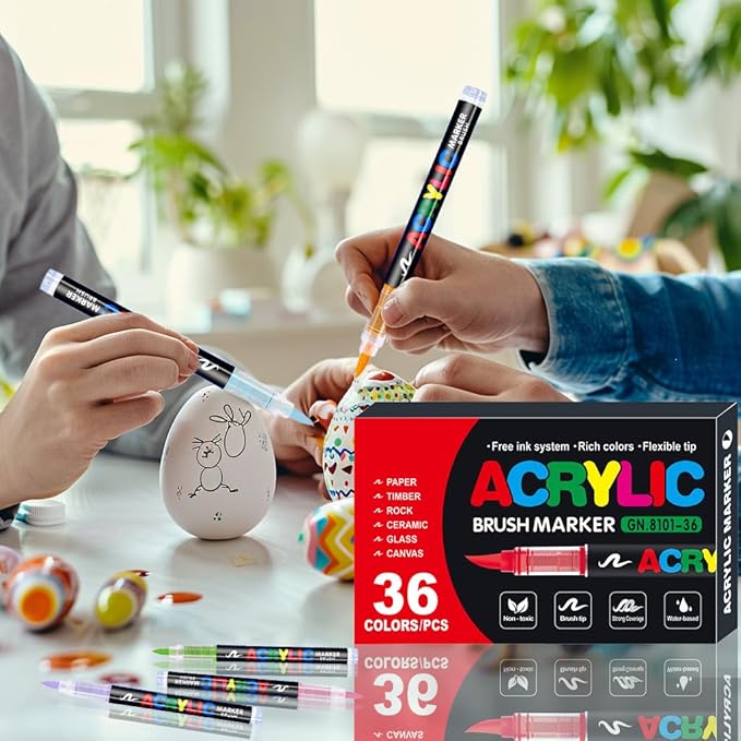 36 Colors No bleeding Non-Toxic Multi-Surface Flexible Tip Acrylic Paint Brush Markers Set, Water-Based Painting Art Pens for Canvas, Glass, Wood, Paper, Ceramic