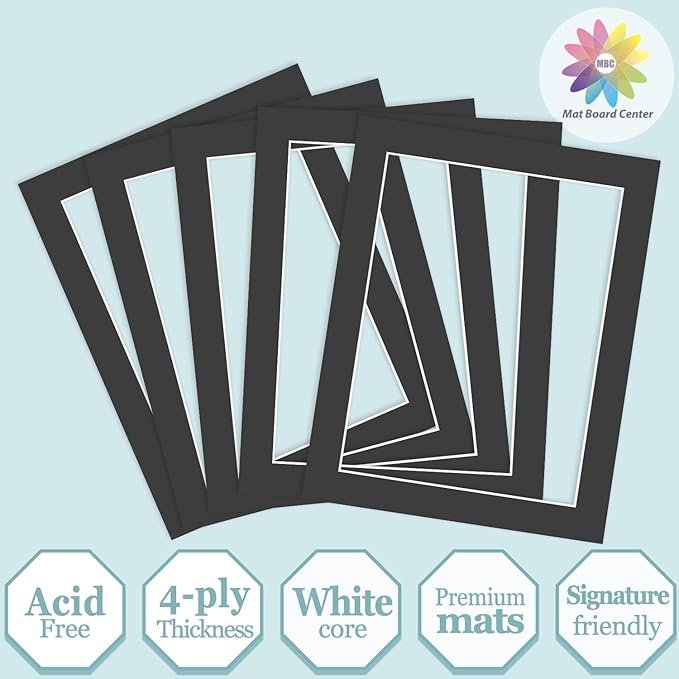 MBC Mat Board Center, 5 Pack 11X14 for 9X12 Black Picture Mats Frame Mattes, Bevel Cut, Acid Free, 4-Ply Thickness