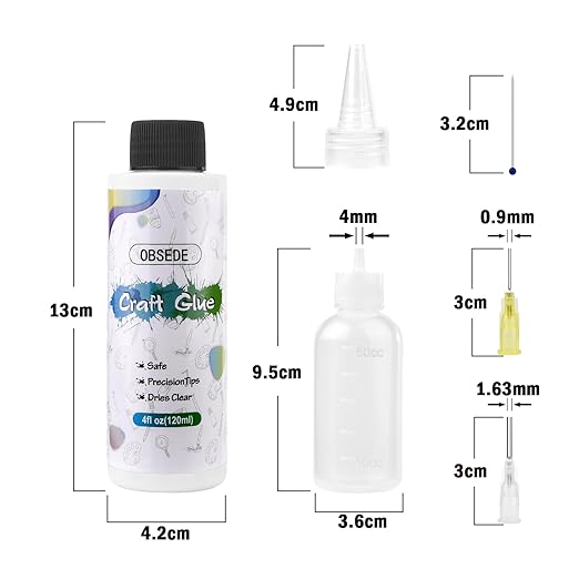 OBSEDE Clear Craft Glue for Crafts, Bundle with 50ml Precision Bottle, 2 Metal Needle Tips, Applicator Cap, and Cleaning Pin (6 Items) - Dries Clear for Paper Crafting Scrapbooking and Card Making