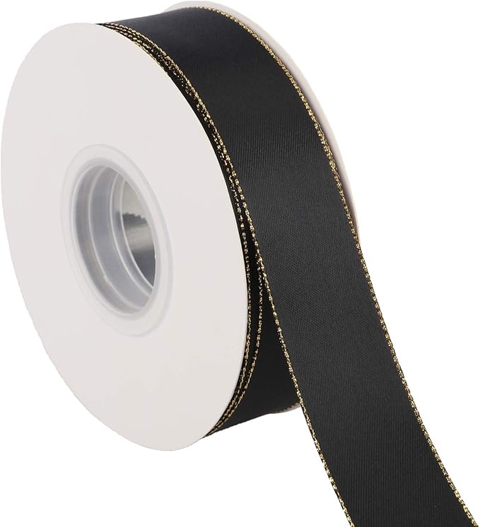 ITIsparkle 1" Inch Double Faced Satin Ribbon 25 Yards with Gold Edges, 1" X 25Yd - Black