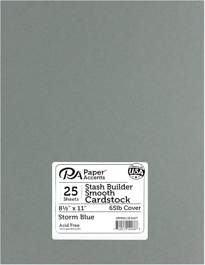 PA Paper Accents Stash Builder Cardstock 8.5" x 11" Storm Blue, 65lb colored cardstock paper for card making, scrapbooking, printing, quilling and crafts, 25 piece pack