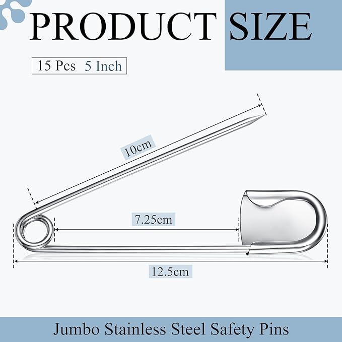 Juexica 15 Pcs 5 Inch Jumbo Stainless Steel Safety Pins Large Heavy Duty Huge Strong Laundry Pins for Upholstery Sewing Quilting Key Rings Craft Outdoor (Silver)