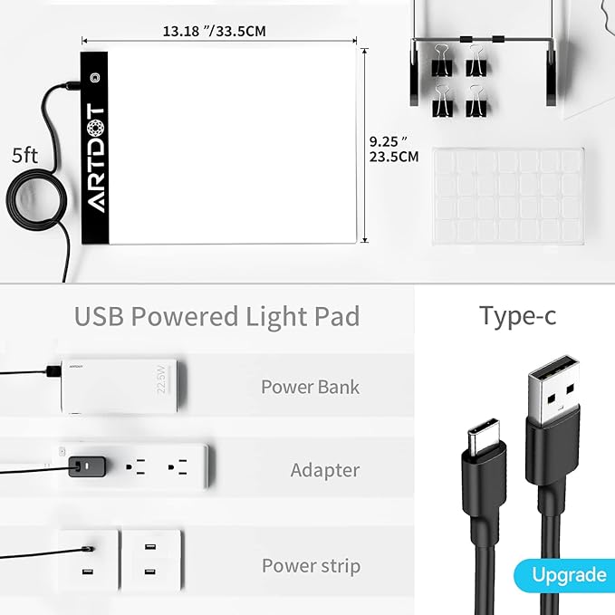 ARTDOT A4 LED Light Pad for Diamond Painting Kits for Adults, USB Powered Adjustable Brightness Diamond Art Light Board with Accessories