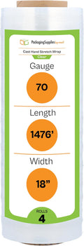 PSBM Stretch Wrap, 4 Pack, 17 Inch x 1476 Feet, 65 Gauge, Clear Plastic Cling, Cast Hand Stretch Film Rolls for Packaging Moving Packing Pallets